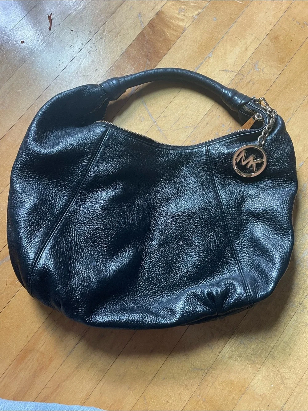 Michael Kors Black Pebbled Leather Hobo with Gold MK Charm